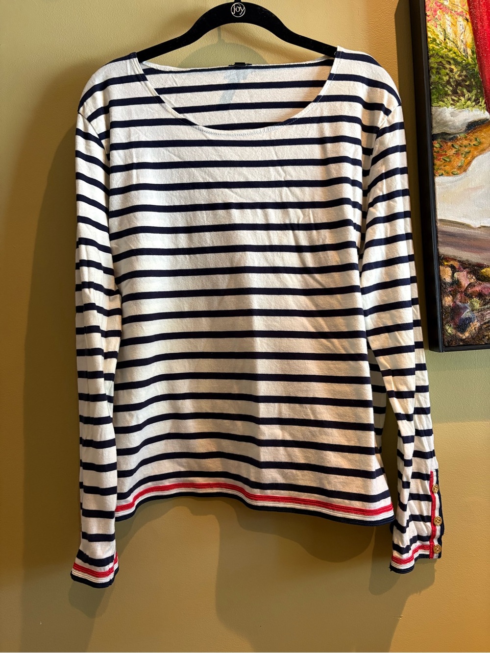 JCrew, Ladies striped top/tshirt with cute trim on the arms and hem, large